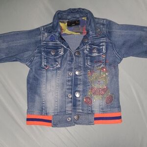 Girls Blue Denim Jacket with Sequin Bear Accent